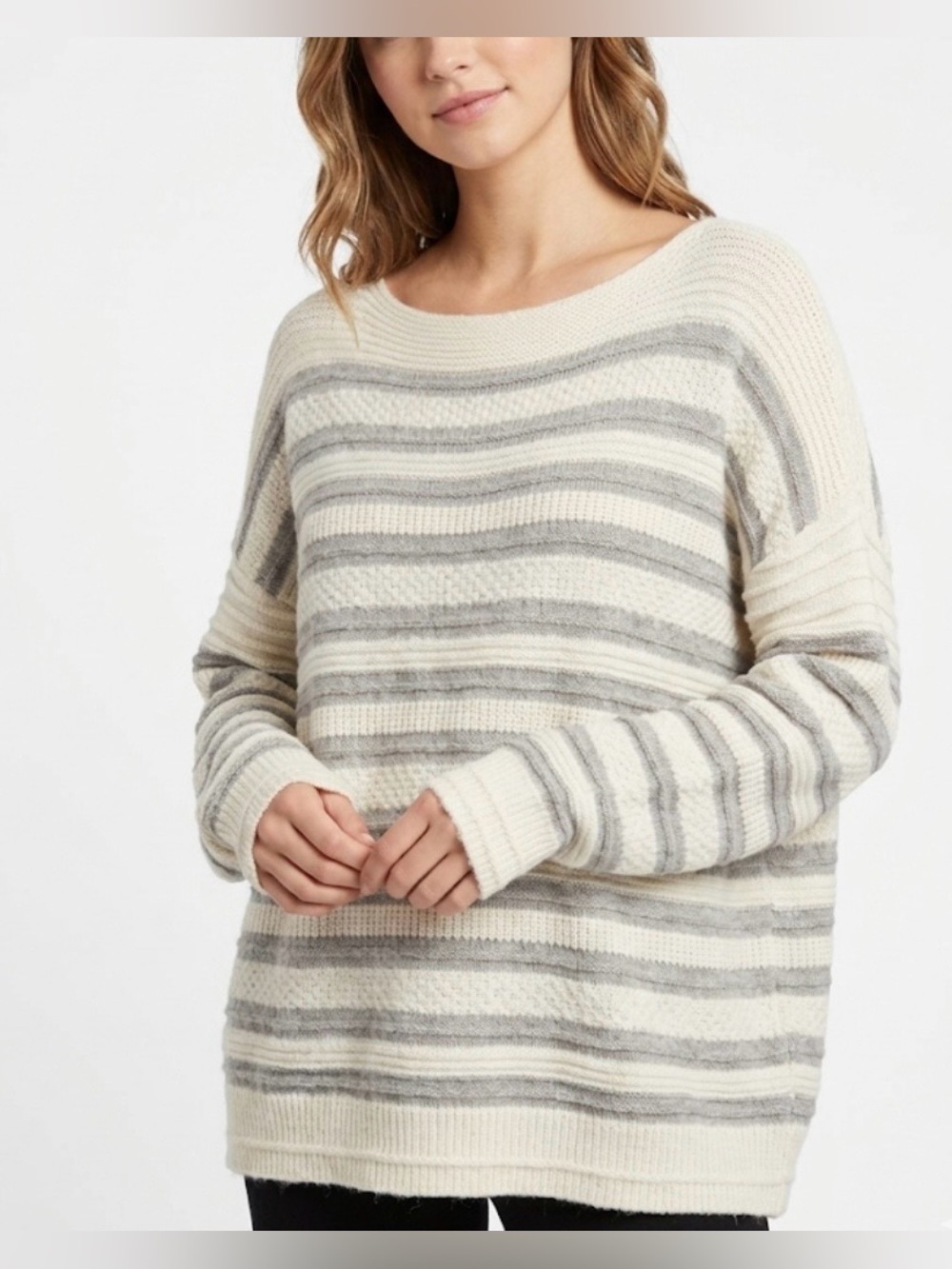 Rain + Rose Cream and Gray Striped Boat Neck Pullover Sweater Size S